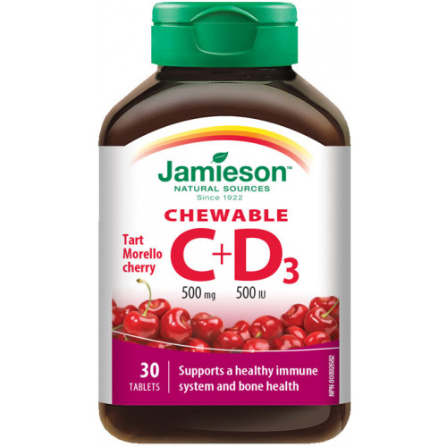 JAMIESON Vitamíny C a D3 500 mg s príchuťou čerešne 75 cmúľacích tabliet